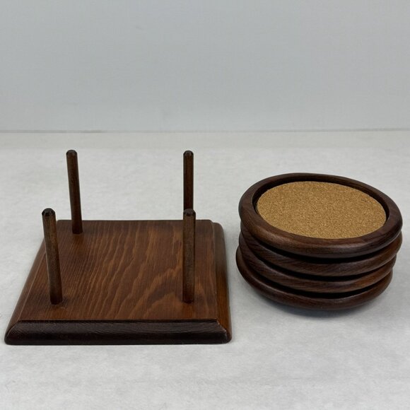 Vintage Wooden Coaster Set Four-Post Holder 4 Wood Coasters with Cork Inserts - Picture 2 of 14
